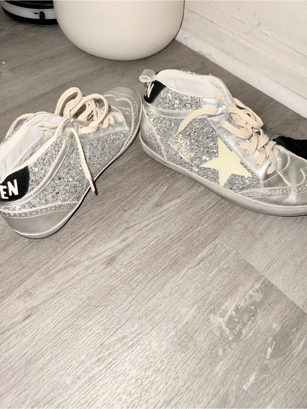 Womans Silver Glitter High-Top Sneakers with Star Accent